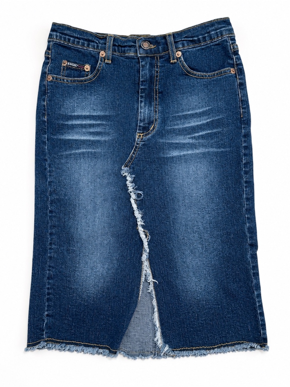 Angels Indigo Denim Midi Skirt with Frayed Center Slit